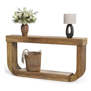 Extra lange, smalle consoletafel van 180 cm, 2-laags, grote bruine haltafel met stevige U-vormige voet, rustiek bruin