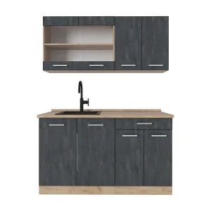 Eenpersoonskeuken zwart beton/goud eiken 140x60x81.6 r-line Eenpersoonskeuken zwart beton/goud eiken 140x60x81.6 r-line