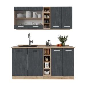 Eenpersoonskeuken zwart beton/goud eiken 160x60x81.6 r-line