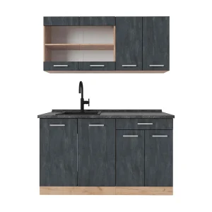 Eenpersoonskeuken zwart beton/goud eiken 140x60x81.6 r-line Eenpersoonskeuken zwart beton/goud eiken 140x60x81.6 r-line