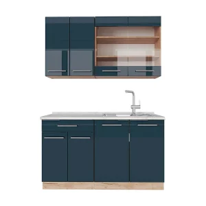 Enkele keuken donkerblauw hoogglans/gouden eik 140x60x81.6 fame-line