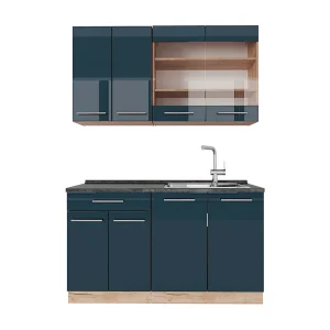 Enkele keuken donkerblauw hoogglans/gouden eik 140x60x81.6 fame-line