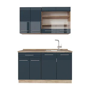 Enkele keuken donkerblauw hoogglans/gouden eik 140x60x81.6 fame-line