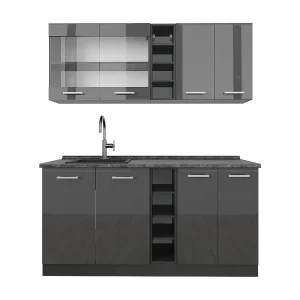 Eenpersoonskeuken antraciet hoogglans/antraciet 160x60x81.6 r-line Eenpersoonskeuken antraciet hoogglans/antraciet 160x60x81.6 r-line