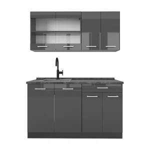 Eenpersoonskeuken antraciet hoogglans/antraciet 140x60x81.6 r-line Eenpersoonskeuken antraciet hoogglans/antraciet 140x60x81.6 r-line