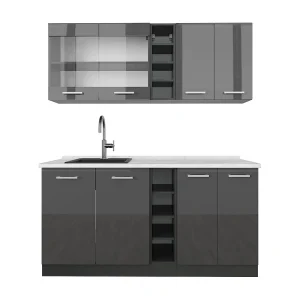 Eenpersoonskeuken antraciet hoogglans/antraciet 160x60x81.6 r-line Eenpersoonskeuken antraciet hoogglans/antraciet 160x60x81.6 r-line