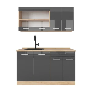 Eenpersoonskeuken antraciet hoogglans/goud eiken 140x46x81.6 r-line Eenpersoonskeuken antraciet hoogglans/goud eiken 140x46x81.6 r-line