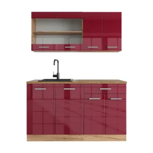 Eenpersoonskeuken rood hoogglans/gouden eik 140x46x81.6 r-line Eenpersoonskeuken rood hoogglans/gouden eik 140x46x81.6 r-line