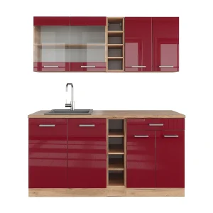 Eenpersoonskeuken rood hoogglans/gouden eik 160x46x81.6 r-line Eenpersoonskeuken rood hoogglans/gouden eik 160x46x81.6 r-line