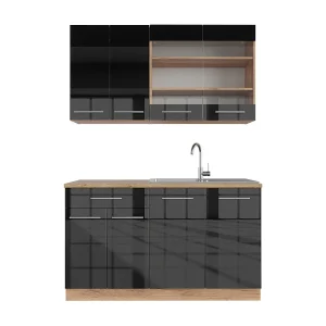 Eenpersoonskeuken antraciet hoogglans/goud eiken 140x46x81.6 fame-line Eenpersoonskeuken antraciet hoogglans/goud eiken 140x46x81.6 fame-line