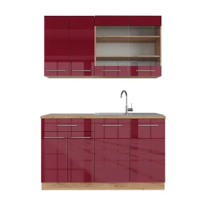 Eenpersoonskeuken bordeaux hoogglans/gouden eik 140x46x81.6 fame-line
