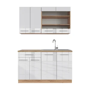 Eenpersoonskeuken wit hoogglans/goud power eiken 140x46x81.6 fame-line