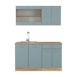 Eenpersoonskeuken blauw-grijs/gouden eik 140x46x81.6 r-line Eenpersoonskeuken blauw-grijs/gouden eik 140x46x81.6 r-line