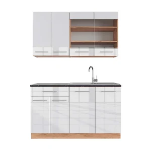 Eenpersoonskeuken wit hoogglans/goud power eiken 140x60x81.6 fame-line