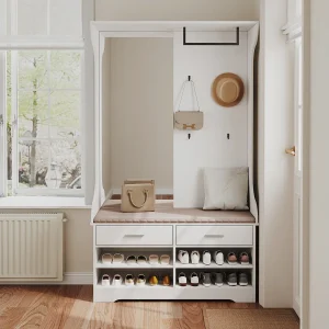 Eigentijdse witte kapstok met spiegel, bankje en schoenenopbergruimte, 4 haken, hangstang, 2 laden – 180x100x35 cm Eigentijdse witte kapstok met spiegel, bankje en schoenenopbergruimte, 4 haken, hangstang, 2 laden – 180x100x35 cm