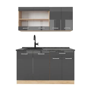 Eenpersoonskeuken antraciet hoogglans/goud eiken 140x60x81.6 r-line Eenpersoonskeuken antraciet hoogglans/goud eiken 140x60x81.6 r-line