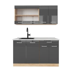 Eenpersoonskeuken antraciet hoogglans/goud eiken 140x60x81.6 r-line Eenpersoonskeuken antraciet hoogglans/goud eiken 140x60x81.6 r-line