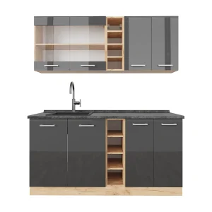 Eenpersoonskeuken antraciet hoogglans/goud eiken 160x60x81.6 r-line Eenpersoonskeuken antraciet hoogglans/goud eiken 160x60x81.6 r-line