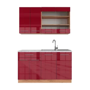 Eenpersoonskeuken bordeaux hoogglans/gouden eik 140x60x81.6 fame-line