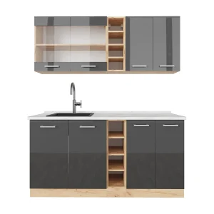 Eenpersoonskeuken antraciet hoogglans/goud eiken 160x60x81.6 r-line Eenpersoonskeuken antraciet hoogglans/goud eiken 160x60x81.6 r-line