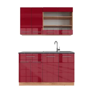 Eenpersoonskeuken bordeaux hoogglans/gouden eik 140x60x81.6 fame-line