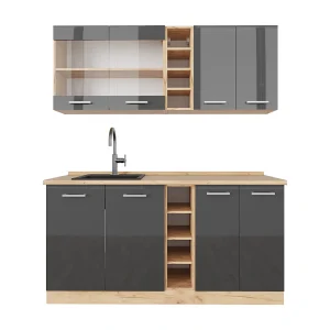Eenpersoonskeuken antraciet hoogglans/goud eiken 160x60x81.6 r-line Eenpersoonskeuken antraciet hoogglans/goud eiken 160x60x81.6 r-line