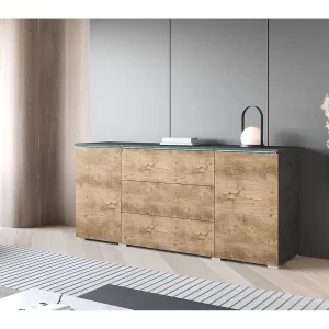 Dressoir VERA 150 cm, woonkamercommode, ladenkast, woonkamermeubels, inclusief led-verlichting, kleur matera/kastanje