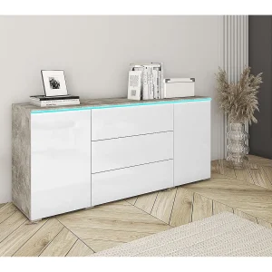 Dressoir VERA 150 cm, woonkamercommode, ladenkast, woonkamermeubels, inclusief led-verlichting, kleur betonlook/wit hoogglans