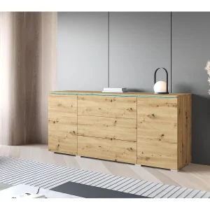 Dressoir VERA 150 cm, woonkamercommode, ladenkast, woonkamermeubels, inclusief led-verlichting, kleur artisan eiken