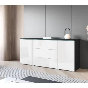 Dressoir VERA 150 cm, woonkamercommode, ladenkast, woonkamermeubels, inclusief led-verlichting, kleur matera/wit hoogglans