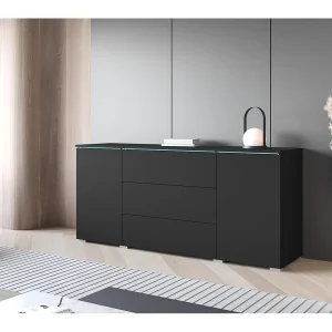 Dressoir VERA 150 cm, woonkamercommode, ladenkast, woonkamermeubels, inclusief led-verlichting, kleur zwart mat