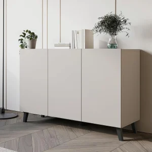 Dressoir PHUKET 120 cm met 3 deuren, commode op poten, woonkamermeubel, kleur beige cashmere