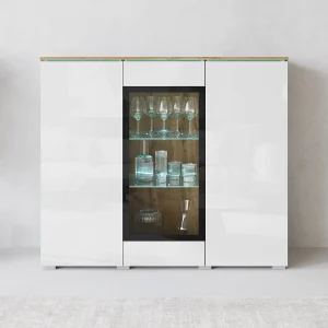 Dressoir VERA 120 cm, woonkamercommode, ladenkast, woonkamermeubels, inclusief led-verlichting, kleur wotan/wit hoogglans
