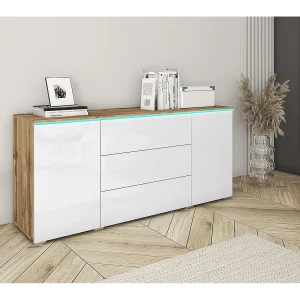 Dressoir VERA 150 cm, woonkamercommode, ladenkast, woonkamermeubels, inclusief led-verlichting, kleur wotan/wit hoogglans