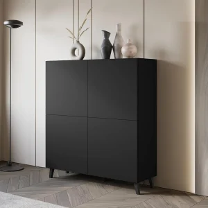 Dressoir PHUKET 120×120 cm met 4 deuren, commode op poten, woonkamermeubel, kleur zwart