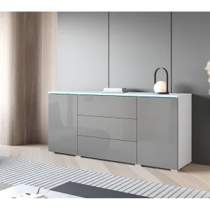 Dressoir VERA 150 cm, woonkamercommode, ladenkast, woonkamermeubels, inclusief led-verlichting, kleur wit/grijs hoogglans