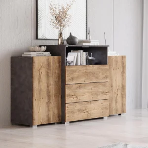 Dressoir URBAN 150 cm, woonkamercommode, ladenkast, inclusief led-verlichting, kleur matera/kastanje