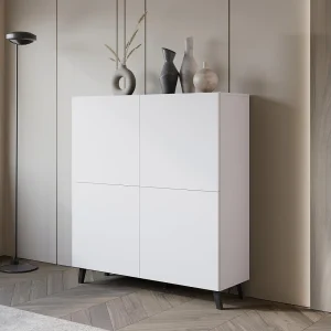 Dressoir PHUKET 120×120 cm met 4 deuren, commode op poten, woonkamermeubel, kleur mat wit