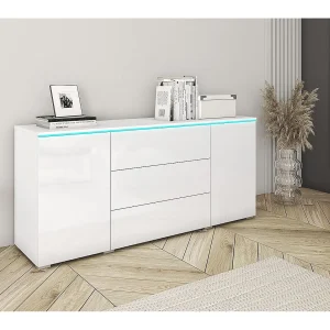 Dressoir VERA 150 cm, woonkamercommode, ladenkast, woonkamermeubels, inclusief led-verlichting, kleur wit/wit hoogglans
