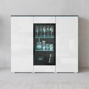 Dressoir VERA 120 cm, woonkamercommode, ladenkast, woonkamermeubels, inclusief led-verlichting, kleur matera/wit hoogglans