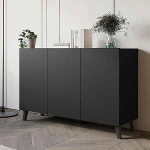 Dressoir PHUKET 120 cm met 3 deuren, commode op poten, woonkamermeubel, kleur mat zwart