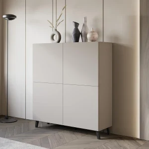 Dressoir PHUKET 120×120 cm met 4 deuren, commode op poten, woonkamermeubel, kleur beige cashmere