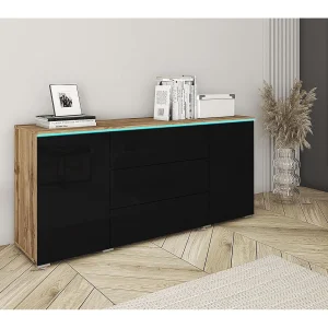 Dressoir VERA 150 cm, woonkamercommode, ladenkast, woonkamermeubels, inclusief led-verlichting, kleur wotan/zwart hoogglans