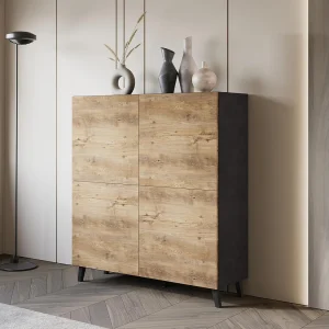 Dressoir PHUKET 120×120 cm met 4 deuren, commode op poten, woonkamermeubel, kleur wit matera/kastanje