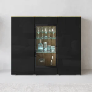 Dressoir VERA 120 cm, woonkamercommode, ladenkast, woonkamermeubels, inclusief led-verlichting, kleur wotan/zwart hoogglans