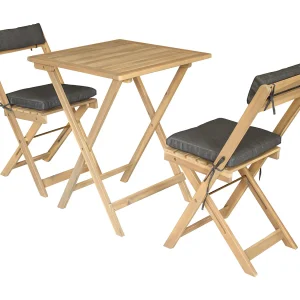 Eettafel en stoelenSet voor 2 personen in acacia en grijze kussens BENAGIL