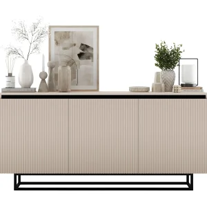 Dressoir met 3 deuren – kast in mat kasjmier, gefreesde fronten in mat kasjmier – 166,8 cm, zwart metalen frame