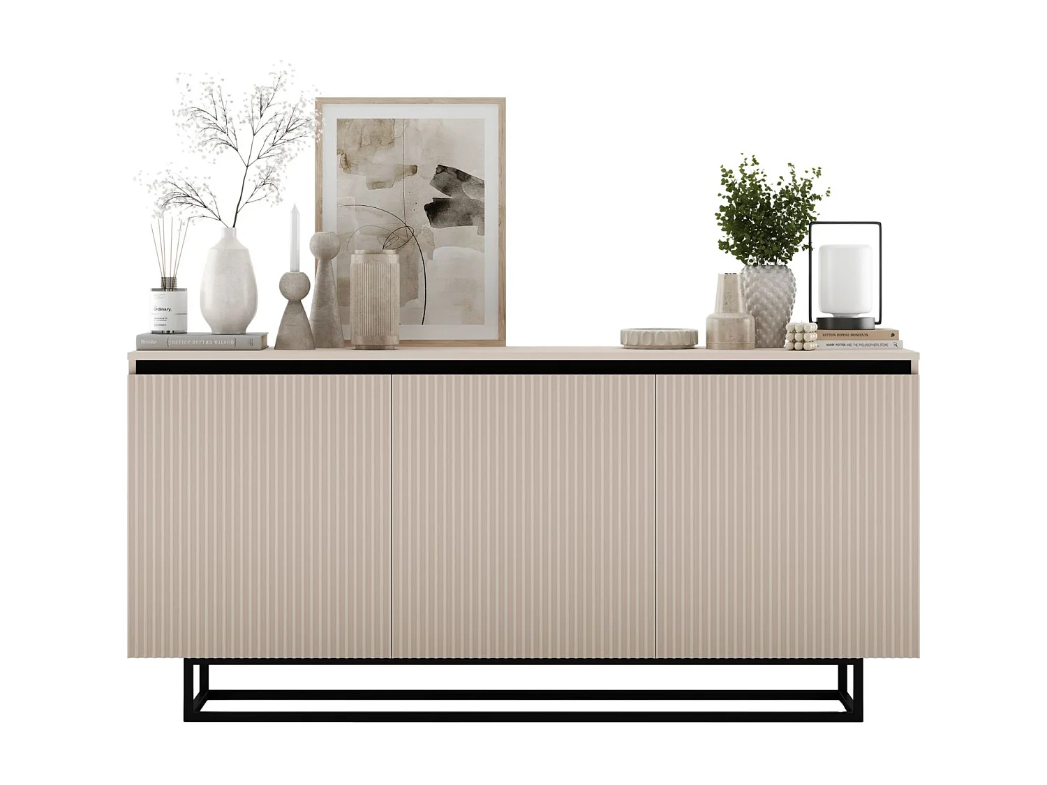 Dressoir met 3 deuren – kast in mat kasjmier, gefreesde fronten in mat kasjmier – 166,8 cm, zwart metalen frame