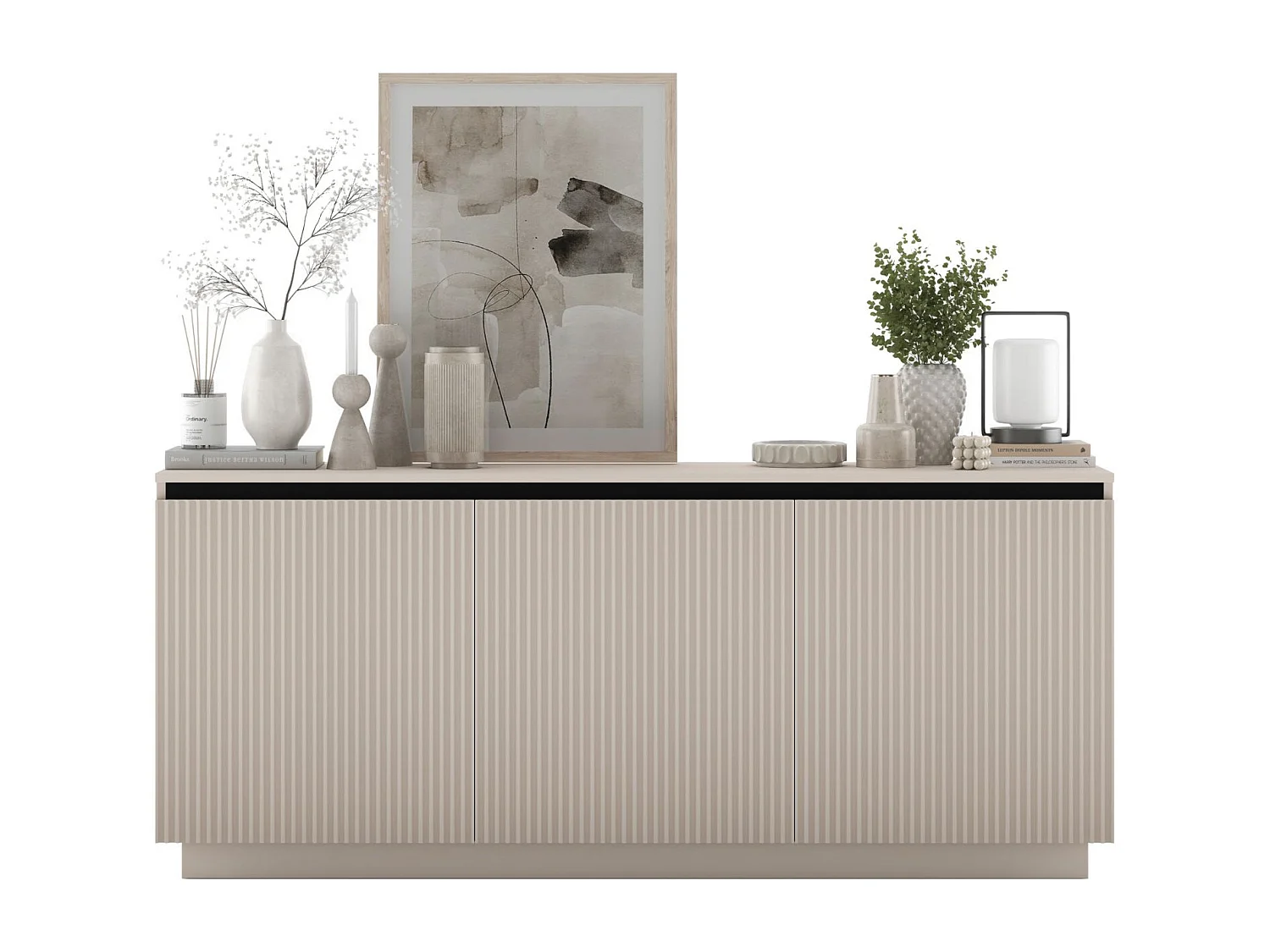 Dressoir met 3 deuren – corpus kasjmier mat, geribbelde fronten kasjmier mat – 166,8 cm, op plint