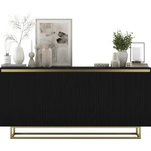 Dressoir met 3 deuren – corpus zwart mat, geribbelde fronten zwart mat – 166,8 cm, goud metalen frame